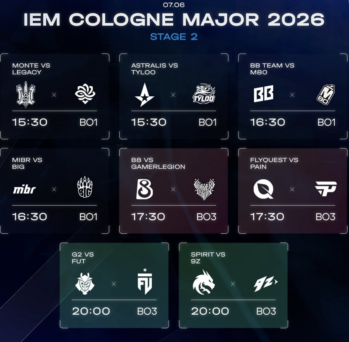 Расписание второго дня Stage 2 IEM Cologne Major 2026 07.06